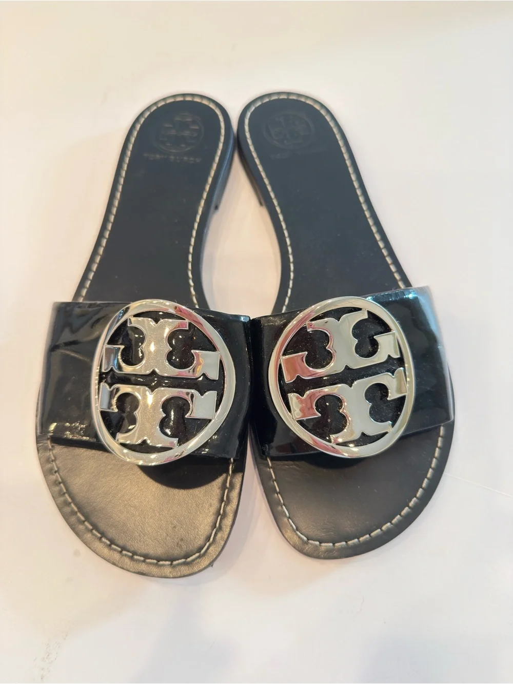 Tory Burch Grania Black Patent Leather Slide Sandals Silver Logo Size 9